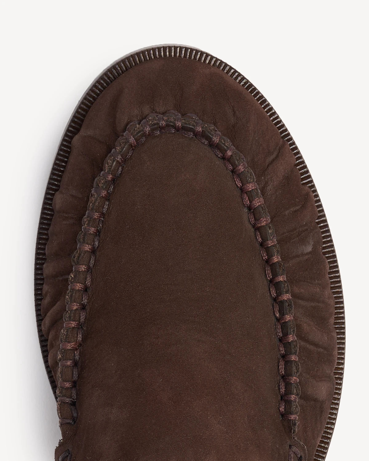 Close-up of the ruched, braid-trimmed apron on a suede loafer. The Laid Back Loafer Cocoa Plum. Sizes 5–12, wide available.