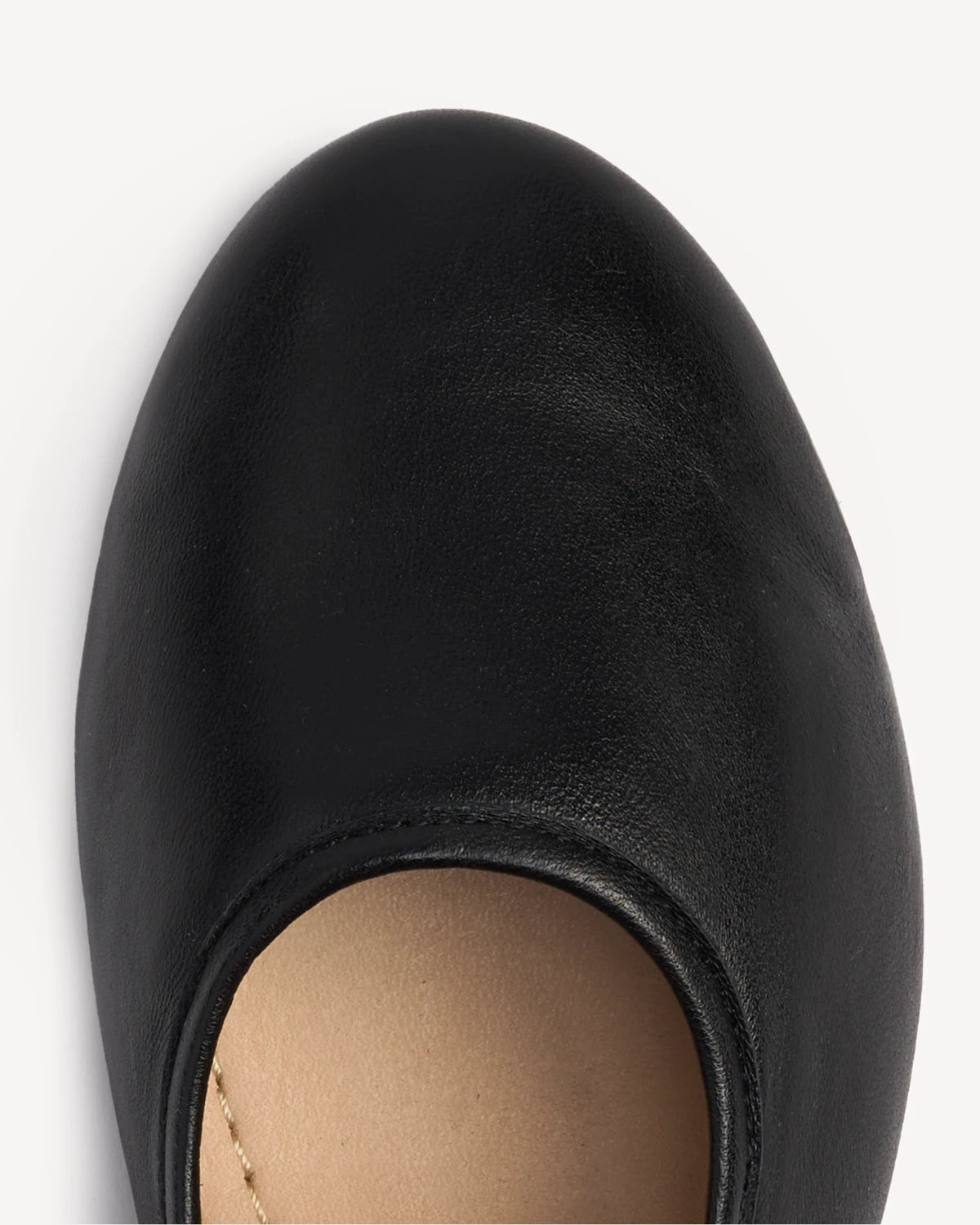 Close-up of the round toe and smooth leather upper. The Modern-Day Mary Jane Blackout. Sizes 5–12.