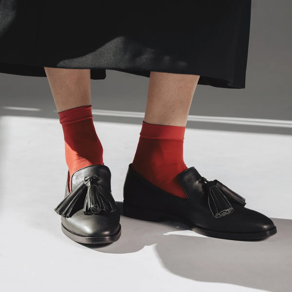 Rachel Micro Bow Pattern Sheer Socks in Cherry