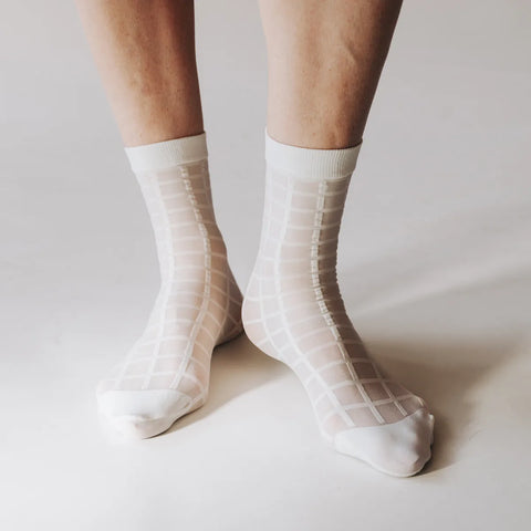 Rachel Checkered Sheer Socks in Creamy White
