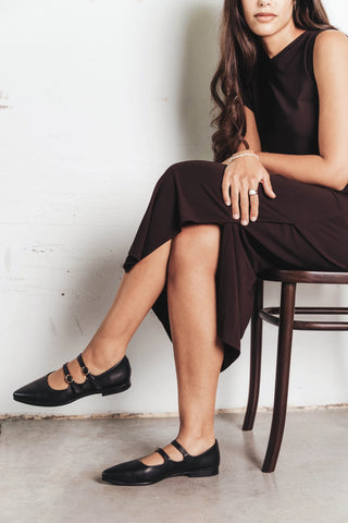 Pointed-toe flat with two thin buckle straps. The Editorial Mary Jane 2.0 Black. Sizes 5–12, wide available.