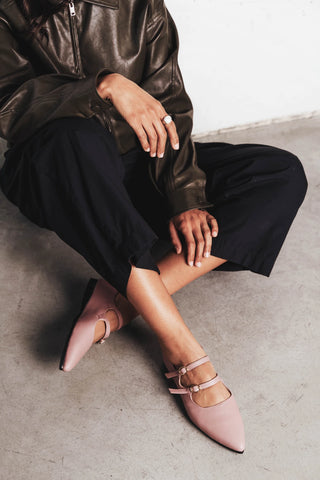 Pointed-toe flat with two thin buckle straps. The Editorial Mary Jane 2.0 Dusty Mauve. Sizes 5–12.