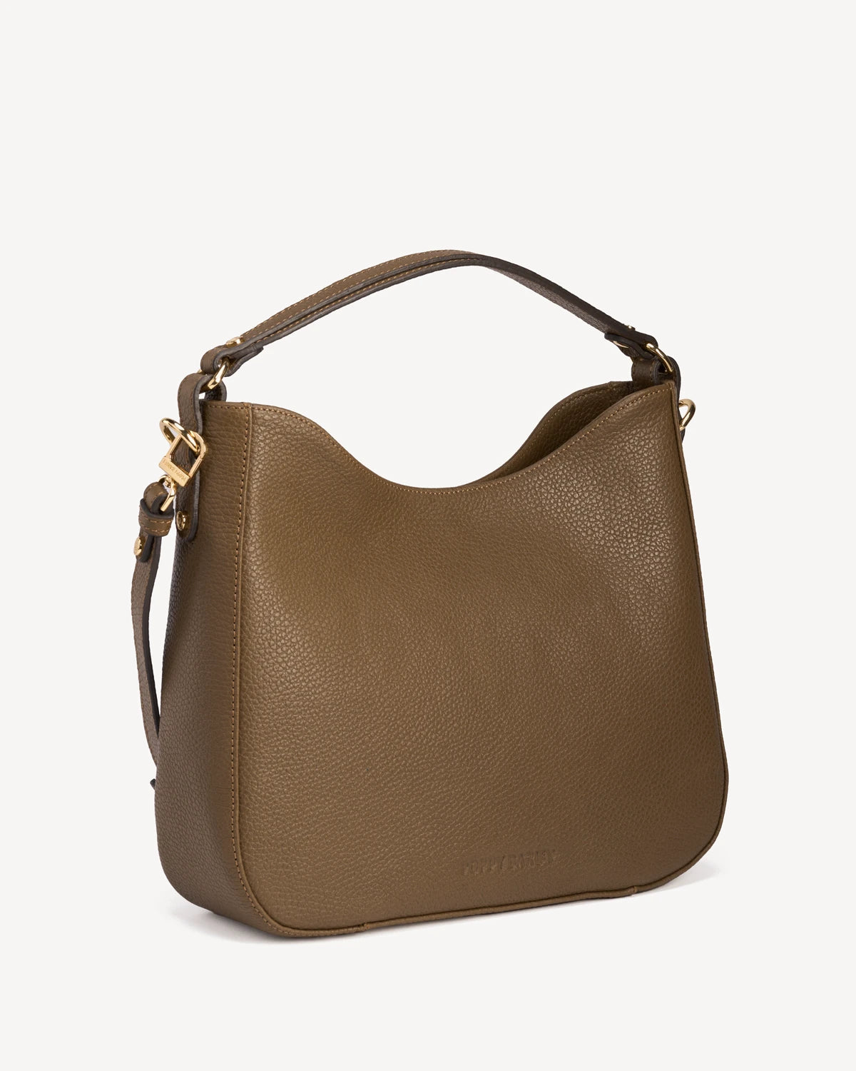 Side view of the leather hobo bag with a curved top handle. The Sixteenth Tote Tapenade.