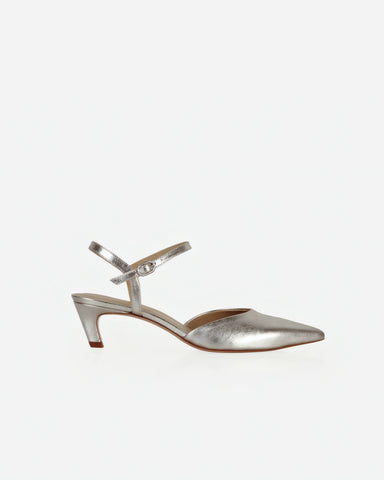 The Claire Kitten Heel Silver Crinkle