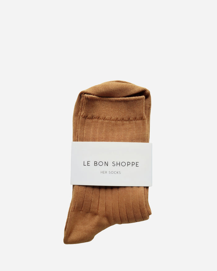 Flat lay of Le Bon Shoppe Her Socks Peanut Butter in Brown cotton