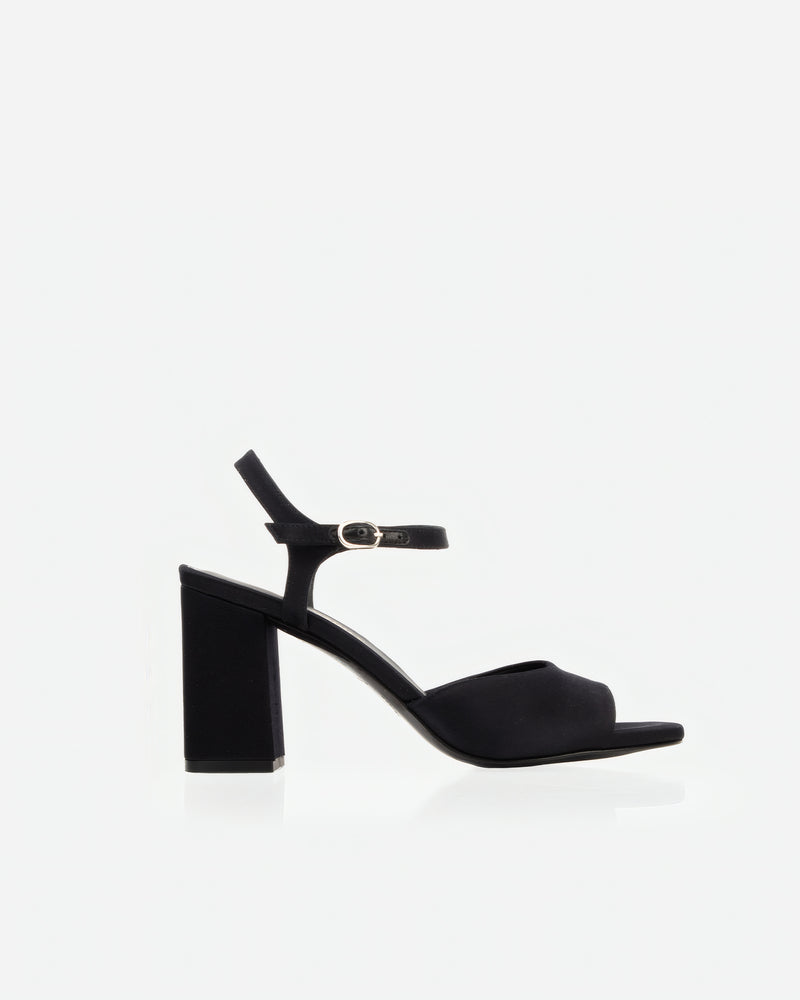 The Monica Heeled Sandal Black Satin