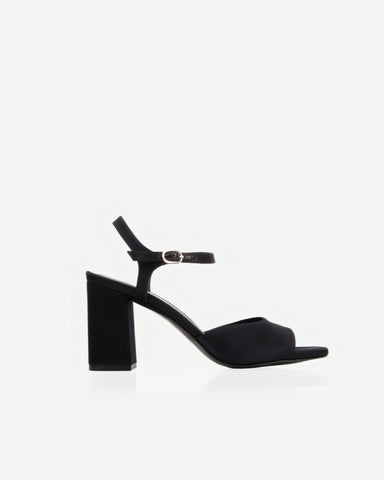 The Monica Heeled Sandal Black Satin