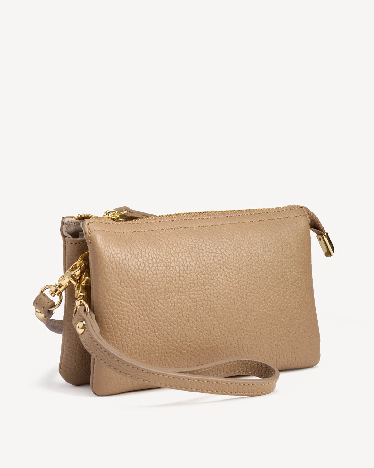 Pebbled-leather wristlet lying flat showing wrist strap and zipper chain. The 3-in-1 Wristlet Biscotti Pebble.