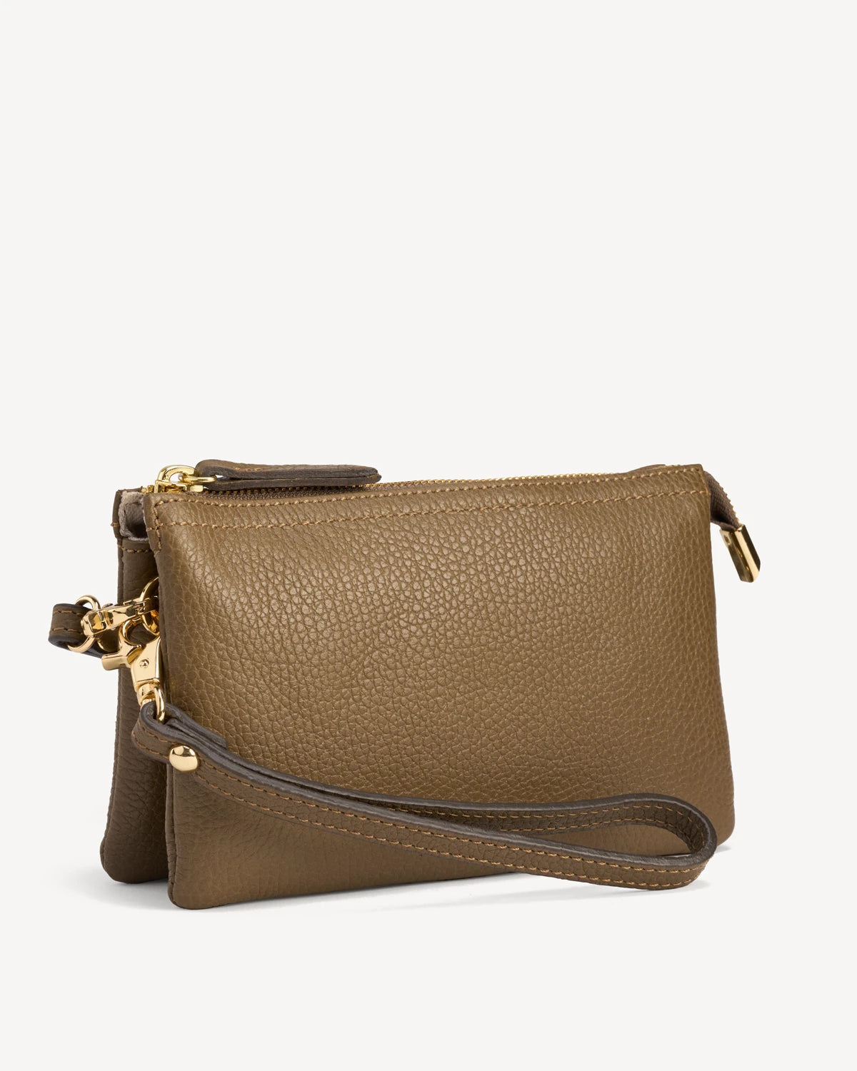 Pebbled-leather wristlet folded with wrist strap and gold zipper pull. The 3-in-1 Wristlet Tapenade.