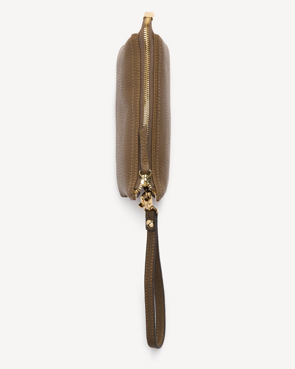 Pebbled-leather wristlet lying flat showing wrist strap and zipper chain. The 3-in-1 Wristlet Tapenade.