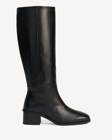 Side view of a knee-high leather boot with a block heel. The Twiggy Tall Boot Black. Sizes 5–12.