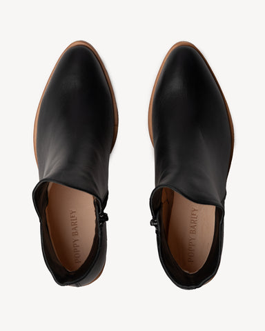 Ankle boot, V-shaped topline, block heel. The Two Point Five Ankle Boot Black Water Resistant. Sizes 5–12, wide available.