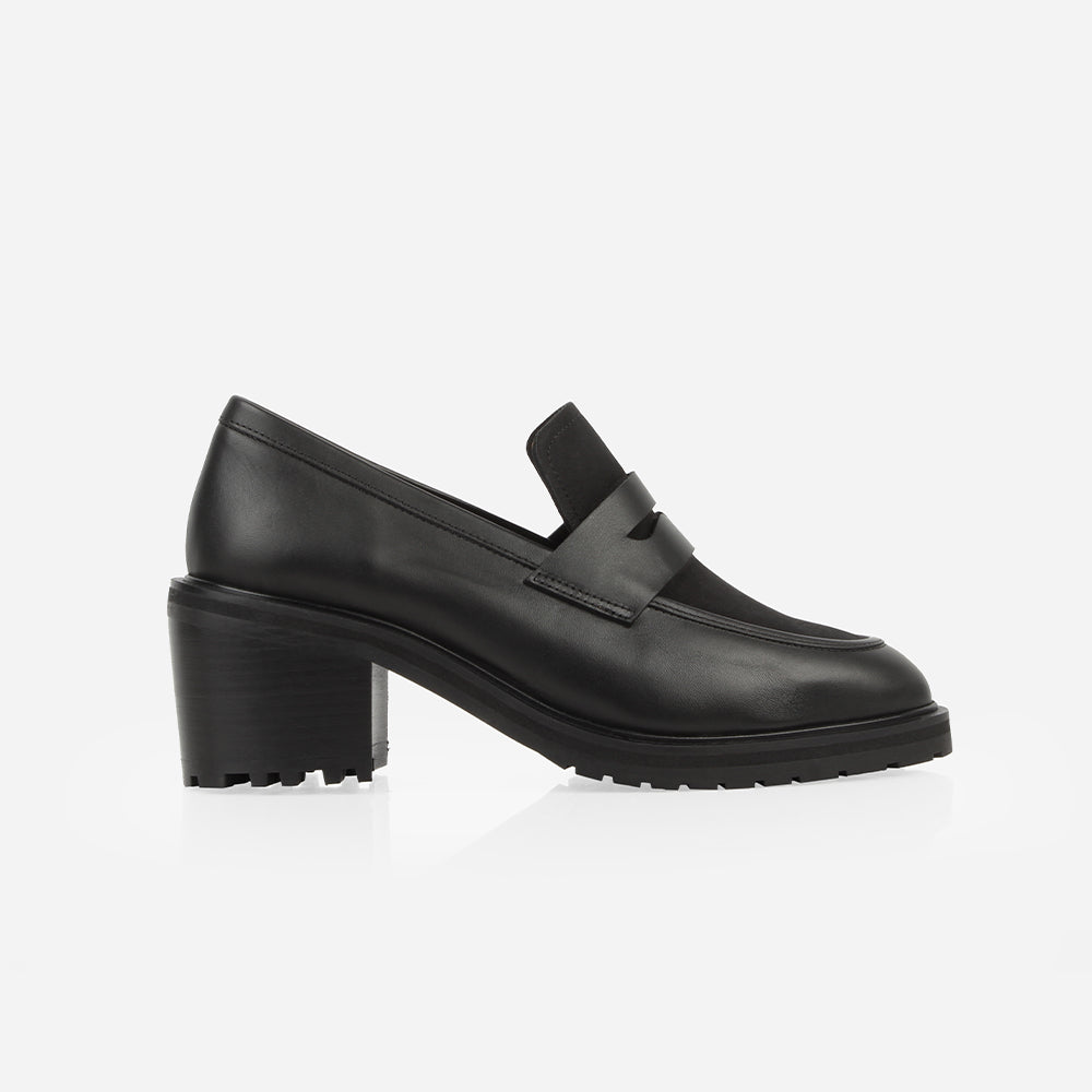 The Verona Heeled Loafer Black – Poppy Barley - Main Image