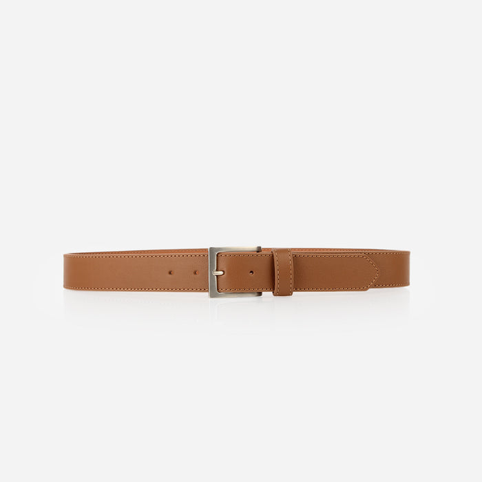 Front view of The District Belt Brushed Silver Leather Brown in Brown