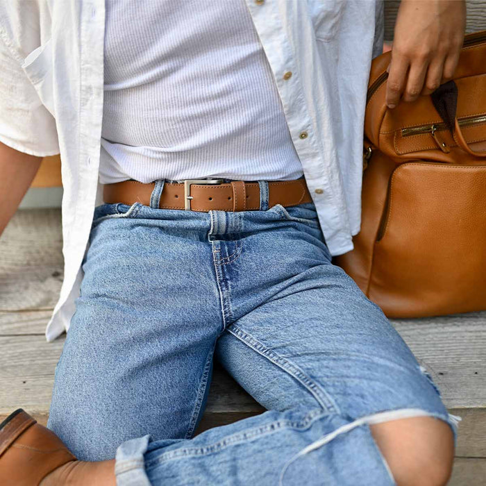 Front view of The District Belt Brushed Silver Leather Brown in Brown
